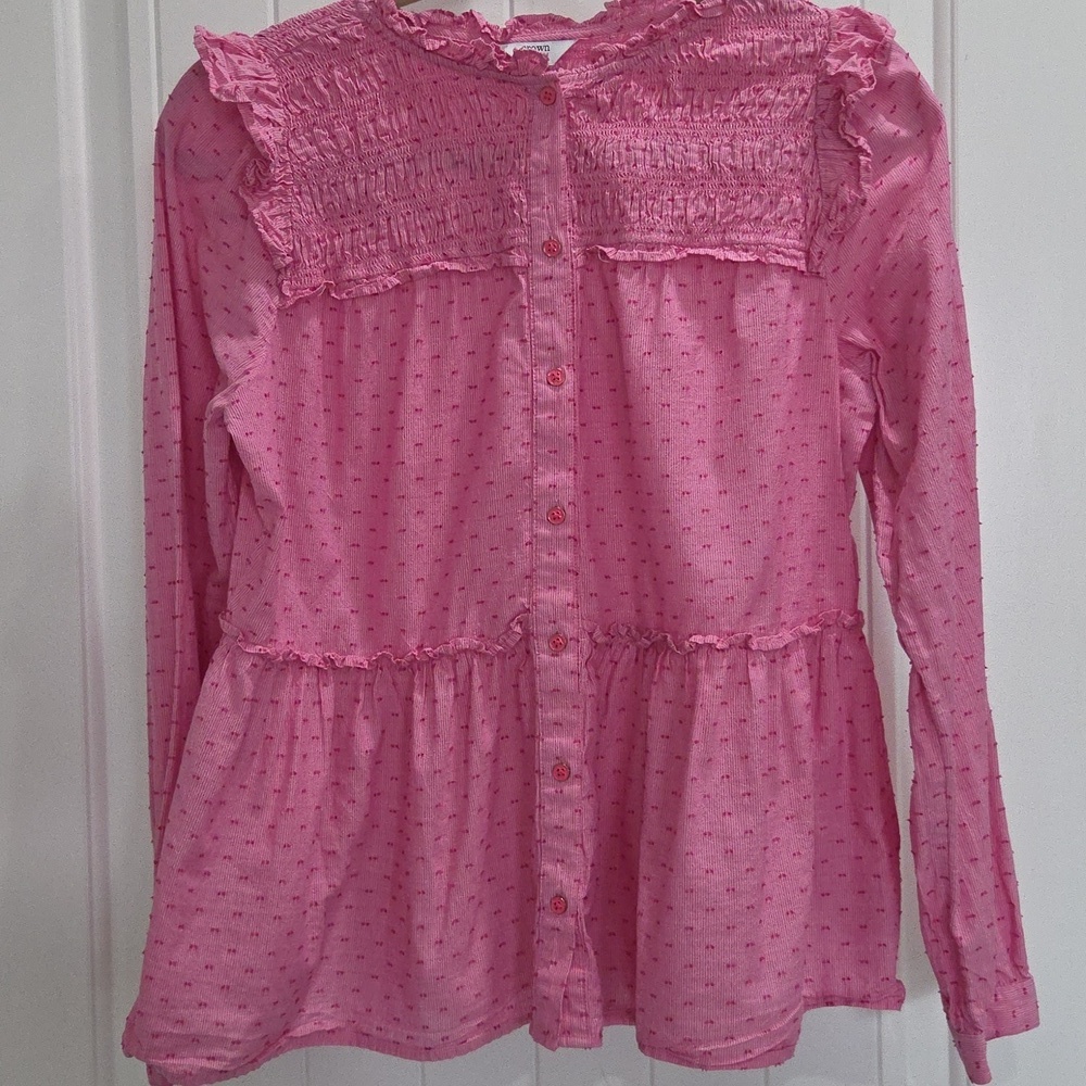 Crown & Ivy Smocked Pink Ruffle Button Up Blouse, Size Small